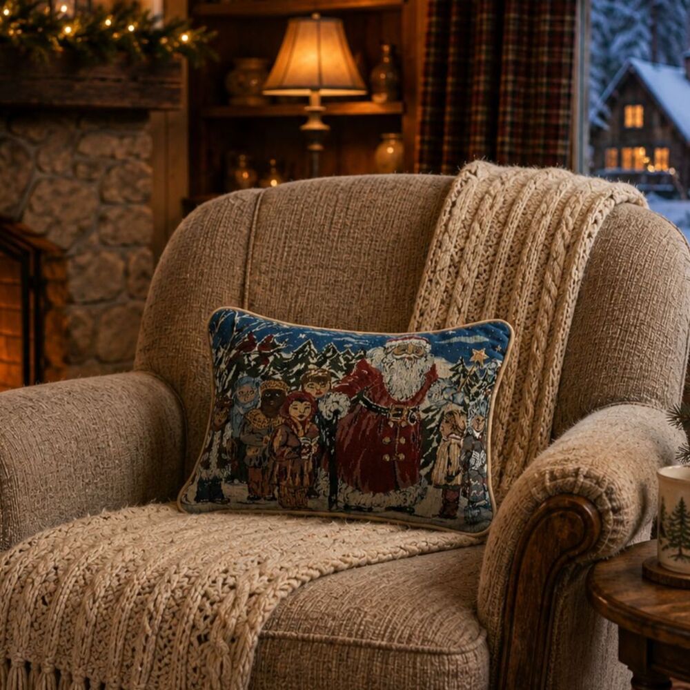 Christmas Stitch Needlepoint Throw Pillow Santa Claus Carolers Holiday 14x10